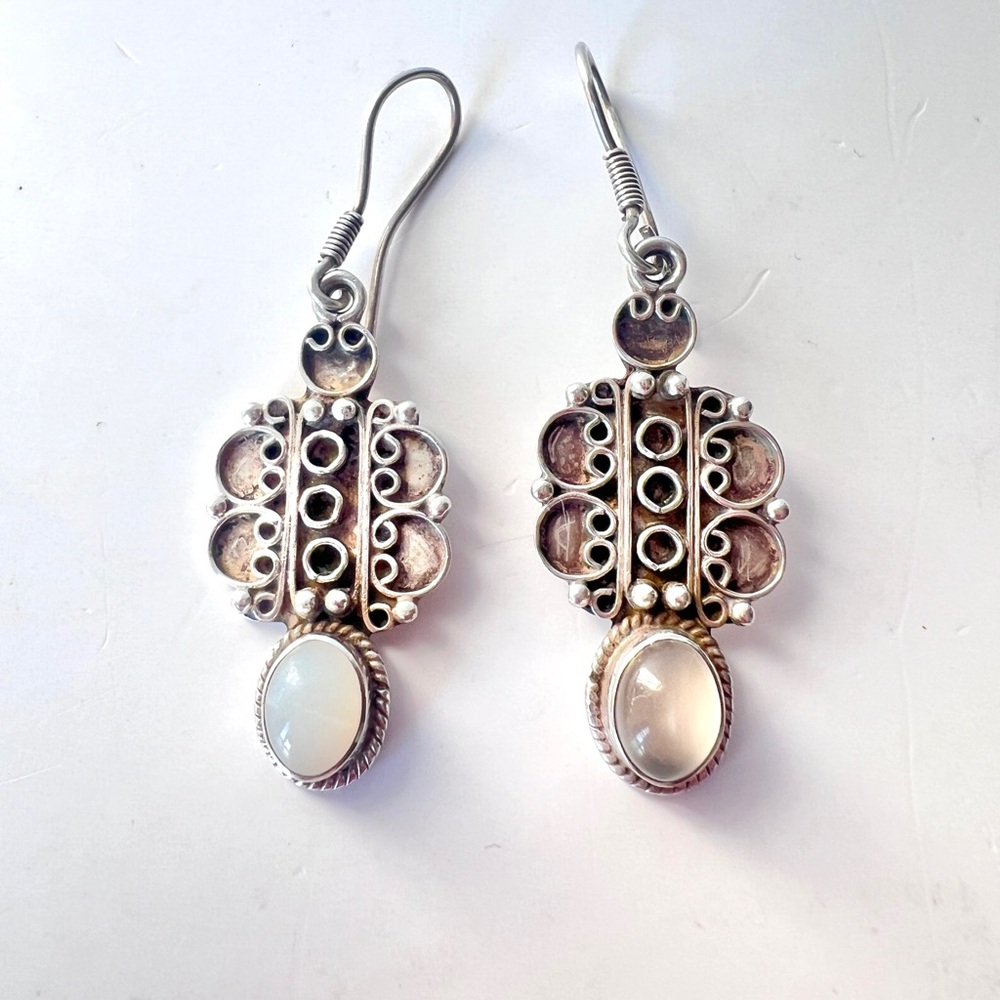 Vintage 925 Sterling Silver Moonstone Dangle Earrings – Boho Ornate Design